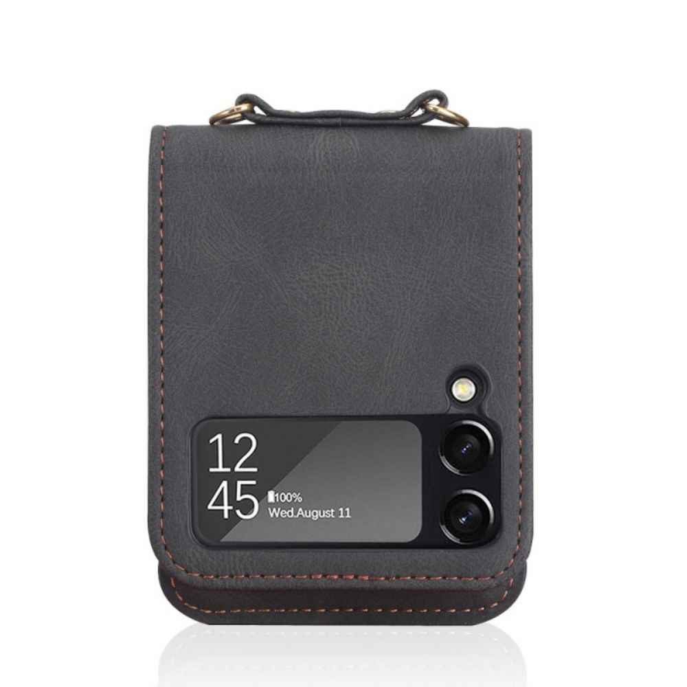 Hoesje voor Samsung Galaxy Z Flip 4 Folio-hoesje Leren Effect Stiksels En Schouderband