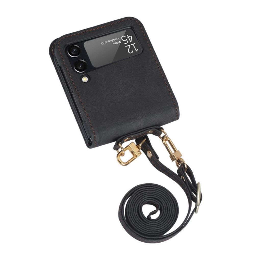 Hoesje voor Samsung Galaxy Z Flip 4 Folio-hoesje Leren Effect Stiksels En Schouderband