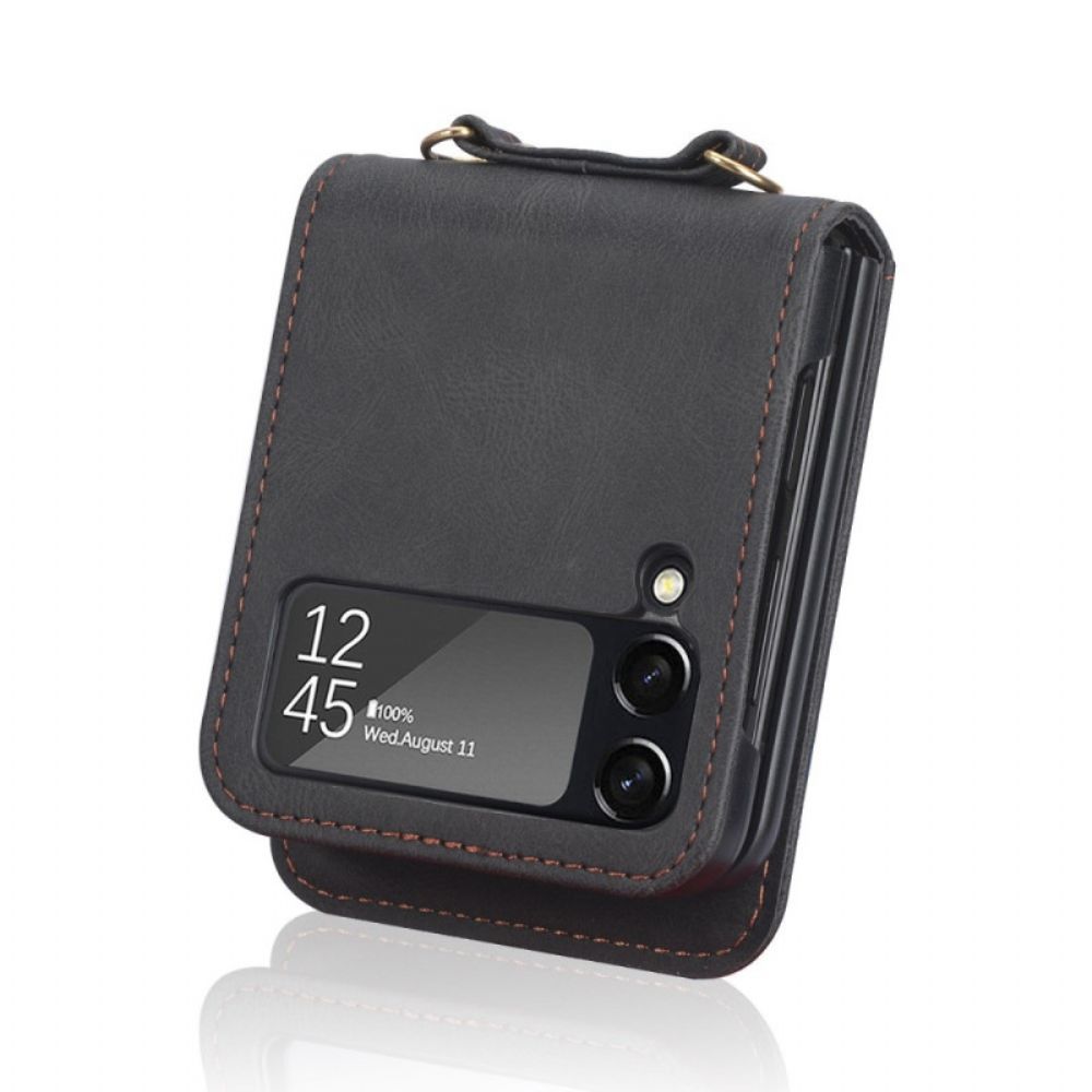 Hoesje voor Samsung Galaxy Z Flip 4 Folio-hoesje Leren Effect Stiksels En Schouderband