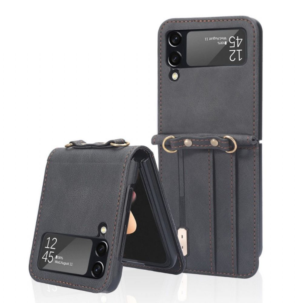 Hoesje voor Samsung Galaxy Z Flip 4 Folio-hoesje Leren Effect Stiksels En Schouderband