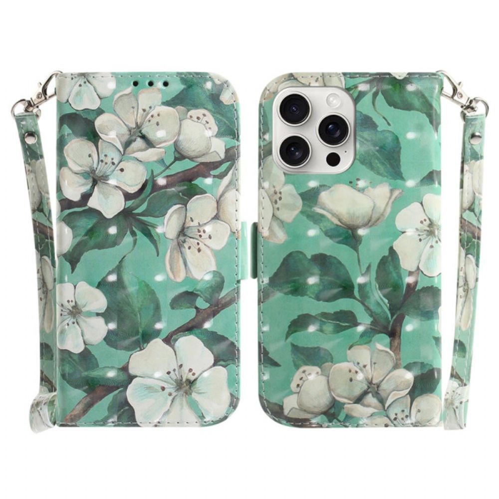 Leren Hoesje iPhone 16 Pro Max Aquarelbloemen Met Riempje