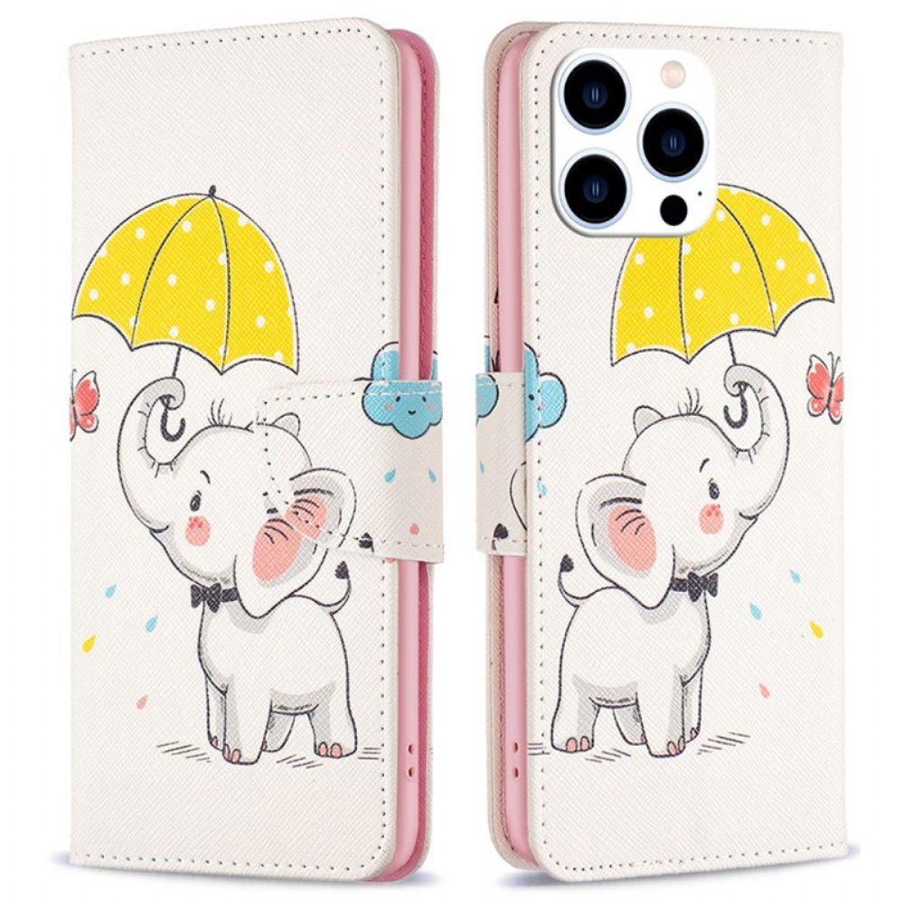 Leren Hoesje iPhone 16 Pro Max Paraplu En Olifant Bescherming Hoesje
