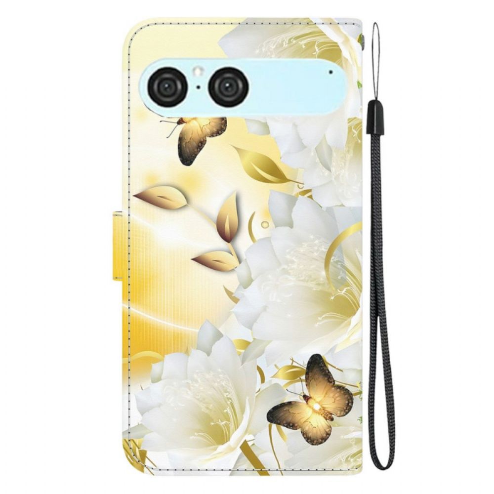 Folio-hoesje Sony Xperia 10 Vii Telefoonhoesje Gouden Vlinders En Witte Bloemen