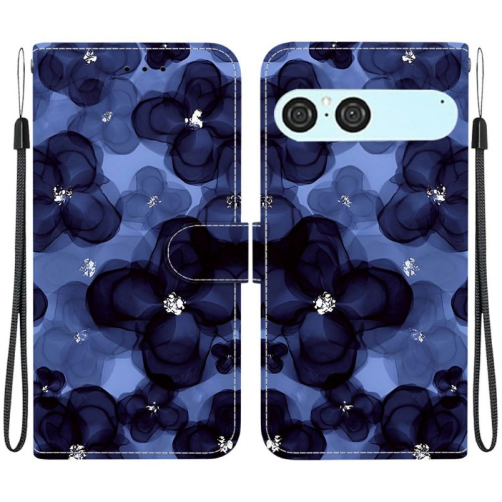 Leren Hoesje Sony Xperia 10 Vii Blauw Bloemenpatroon Bescherming Hoesje