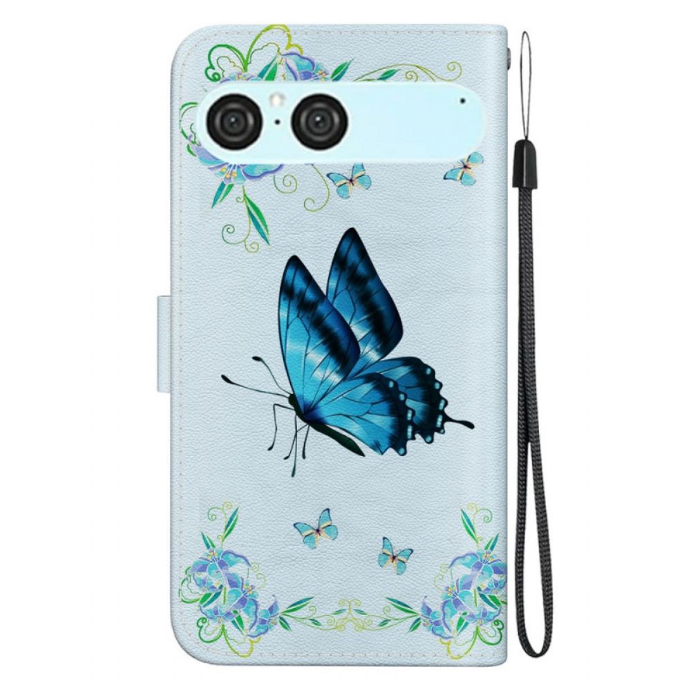 Leren Hoesje Sony Xperia 10 Vii Blauwe Vlinder En Bloemen Bescherming Hoesje