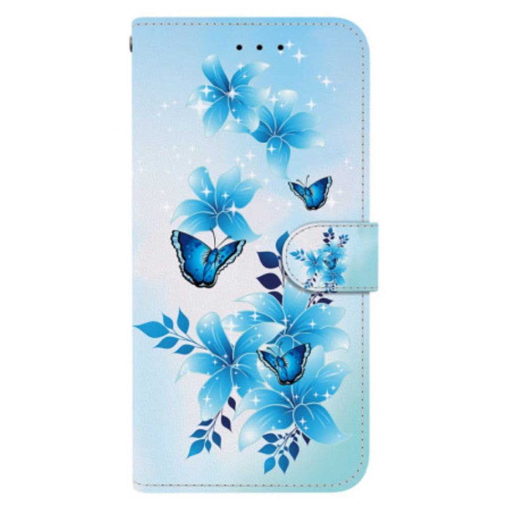 Leren Hoesje Sony Xperia 10 Vii Blauwe Vlinders En Bloemen Bescherming Hoesje