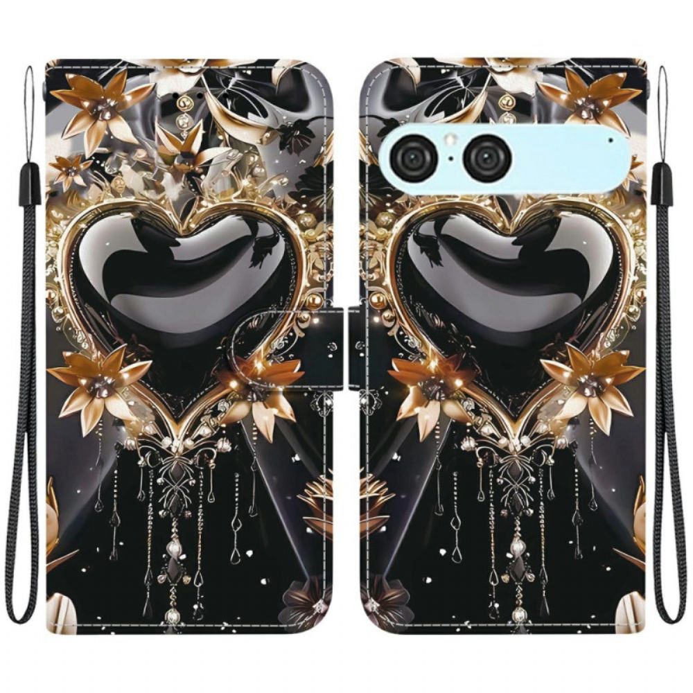 Leren Hoesje Sony Xperia 10 Vii Zwart En Goud Hart Bescherming Hoesje