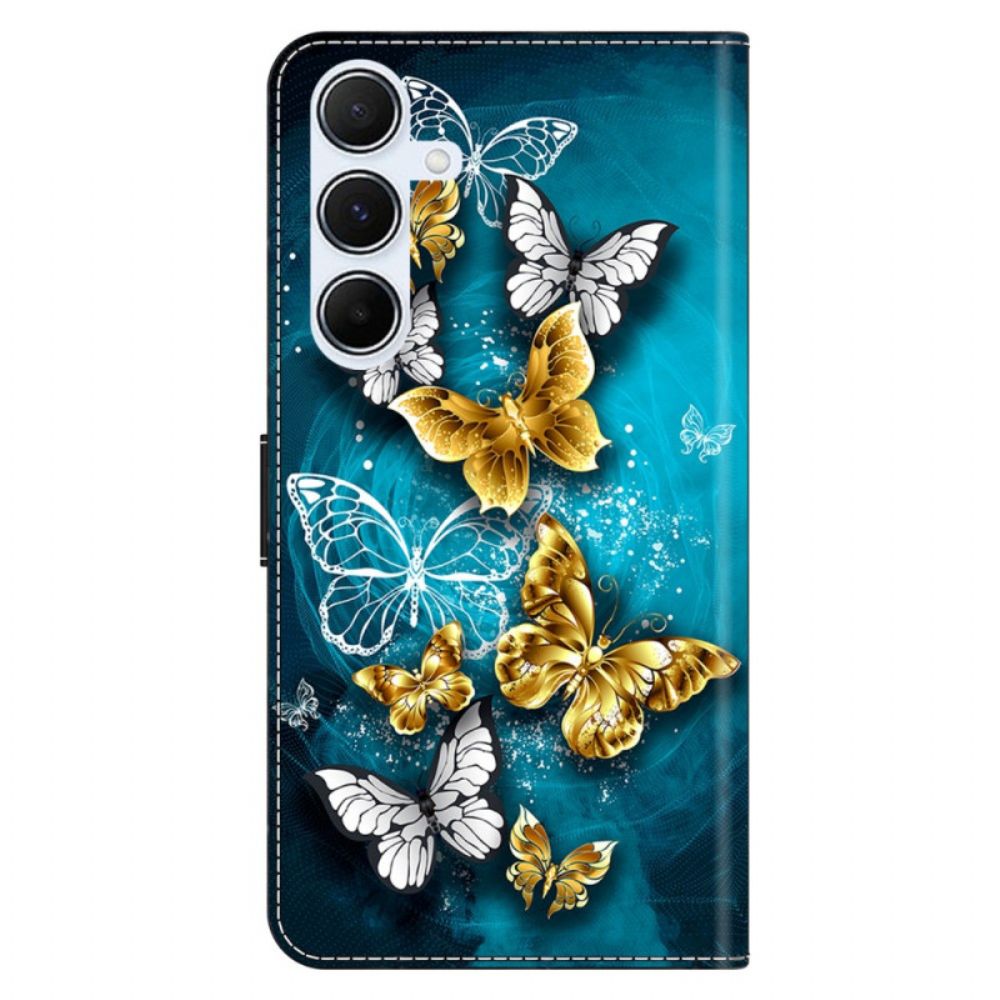 Folio-hoesje Samsung Galaxy A17 4g / 5g Telefoonhoesje Gouden Vlinders Op Groene Achtergrond