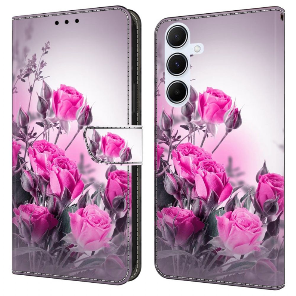 Leren Hoesje Samsung Galaxy A17 4g / 5g Velden Met Paarse Bloemen Bescherming Hoesje