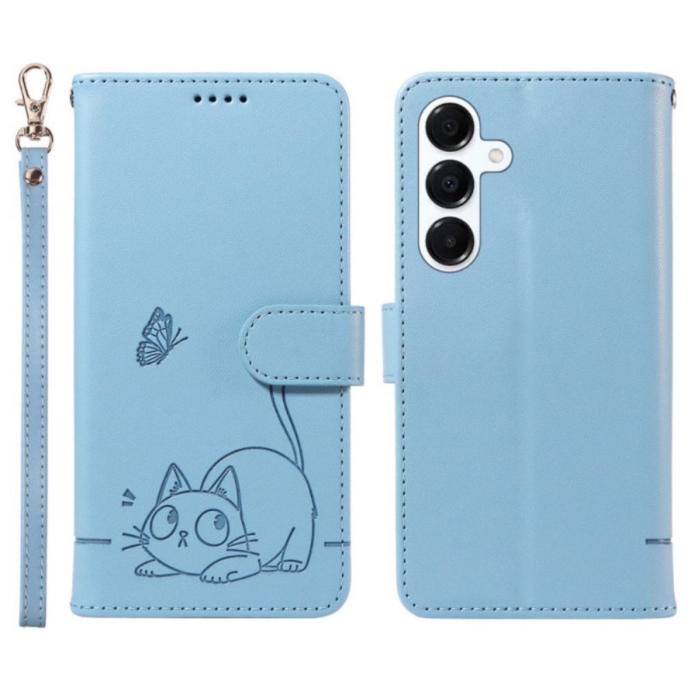 Leren Hoesje Voor Samsung Galaxy A17 4g / 5g Bandje Met Kattendesign