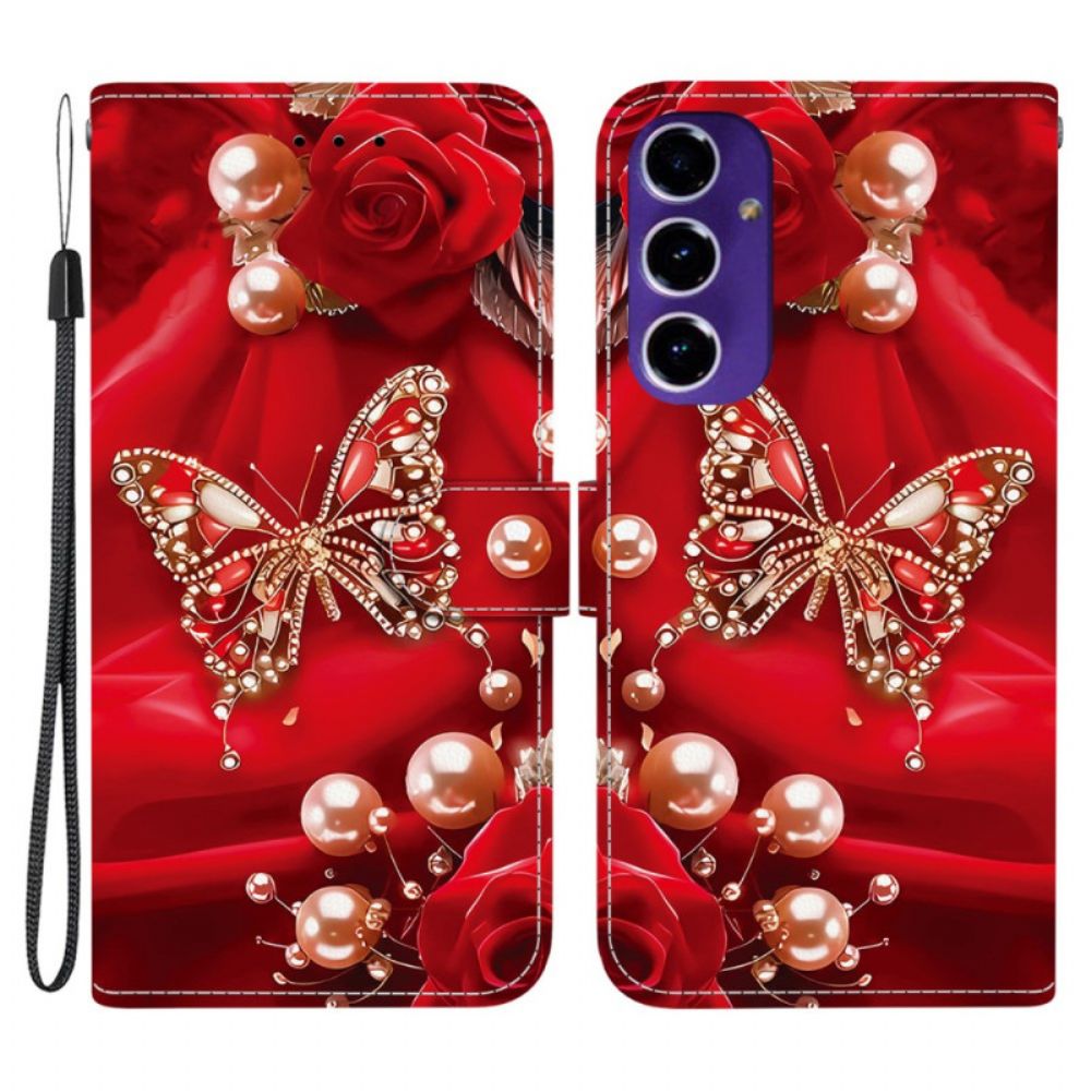 Leren Hoesje Voor Samsung Galaxy A17 4g / 5g Gouden En Parelmoeren Vlinder