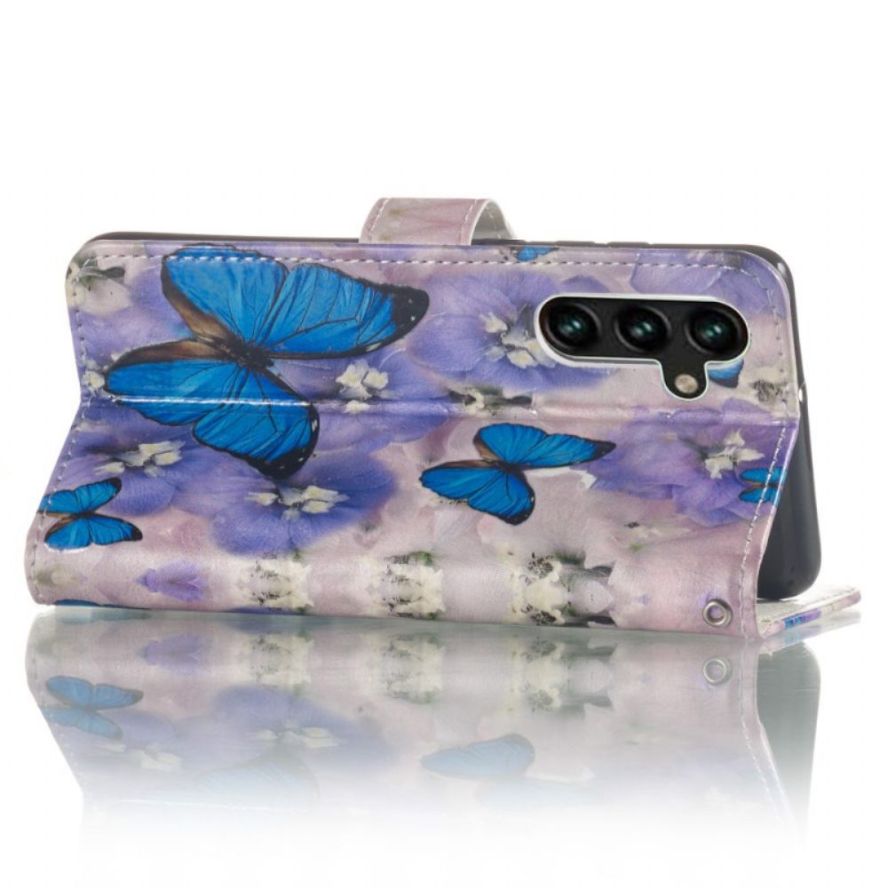Leren Hoesje Samsung Galaxy S24 Fe Paarse Bloemen En Blauwe Vlinders