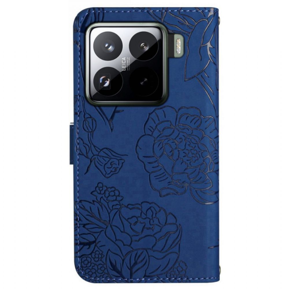 Flip Case Leren Xiaomi 15 Sleutelkoord Met Vlinderprint