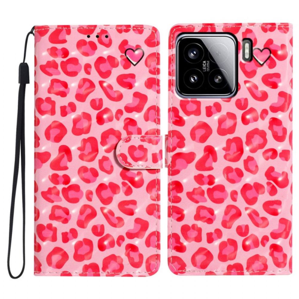 Leren Hoesje Xiaomi 15 3d Roze Luipaardpatroon Bescherming Hoesje