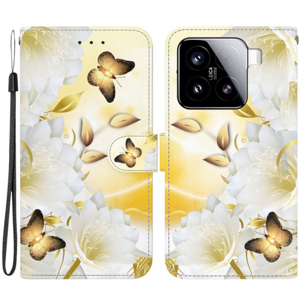 Leren Hoesje Xiaomi 15 Gouden Vlinders En Witte Bloemen