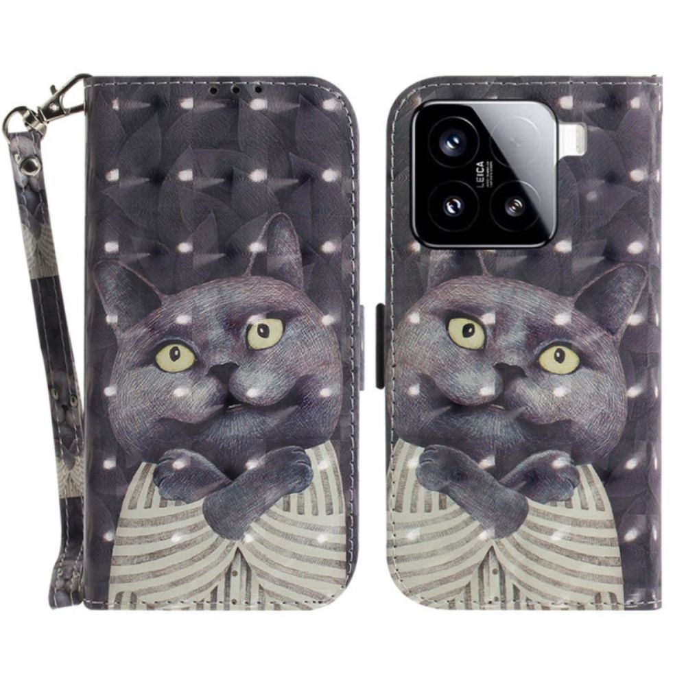 Leren Hoesje Xiaomi 15 Grijze Kat Met Bandje Bescherming Hoesje