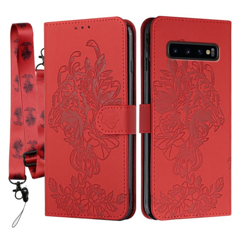 Folio-hoesje voor Samsung Galaxy S10 Plus Met Ketting Barokke Tijger Met Bandjes