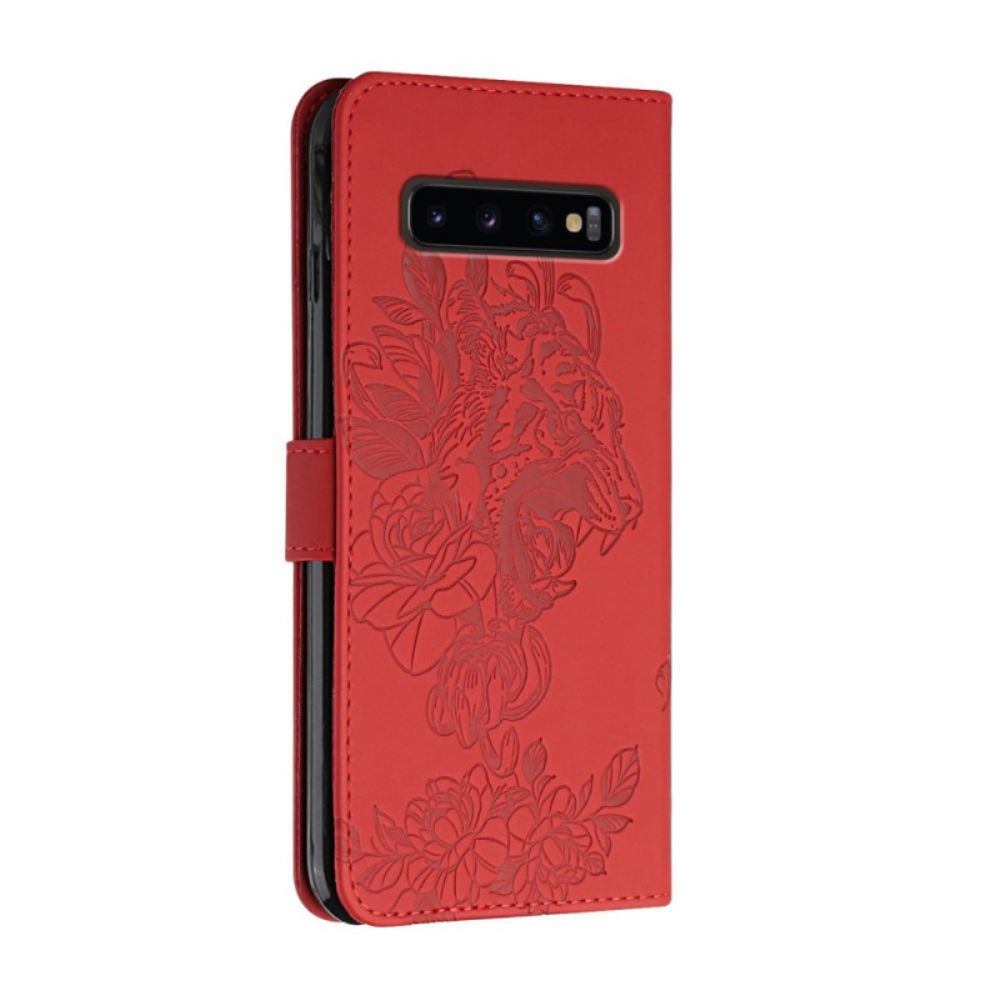 Folio-hoesje voor Samsung Galaxy S10 Plus Met Ketting Barokke Tijger Met Bandjes