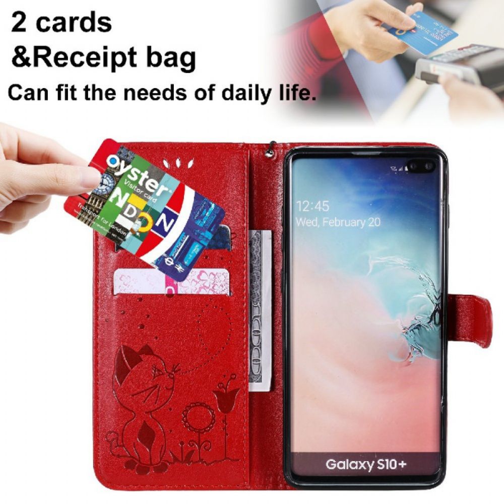 Folio-hoesje voor Samsung Galaxy S10 Plus Met Ketting Kat En Bij Met Riem