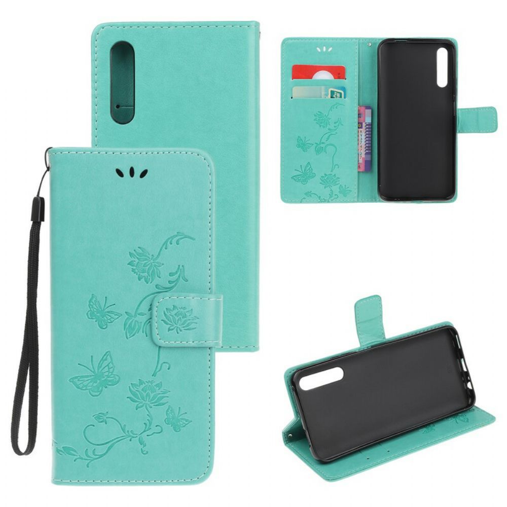 Leren Hoesje voor Huawei P Smart S Met Ketting Thong Vlinders En Bloemen