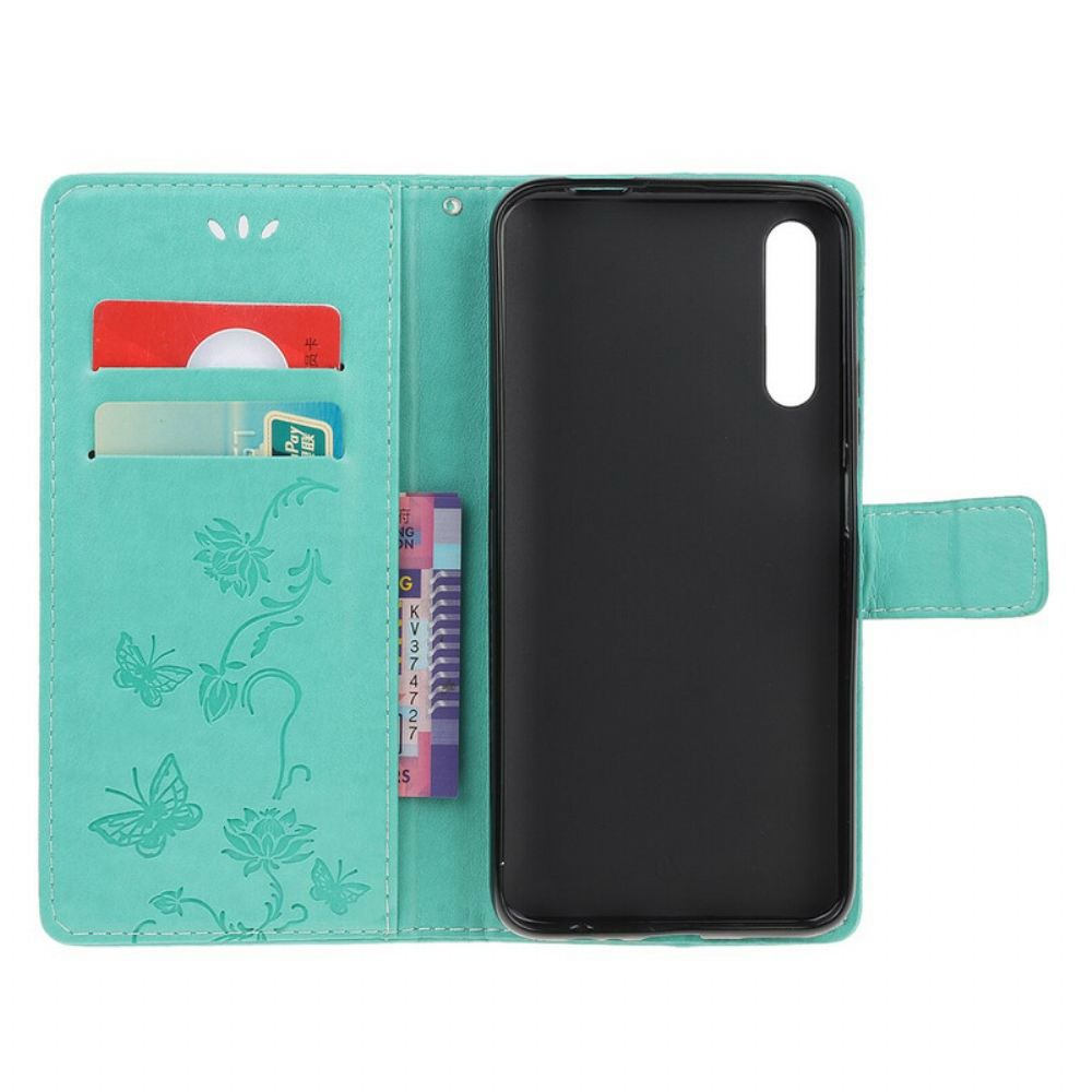 Leren Hoesje voor Huawei P Smart S Met Ketting Thong Vlinders En Bloemen