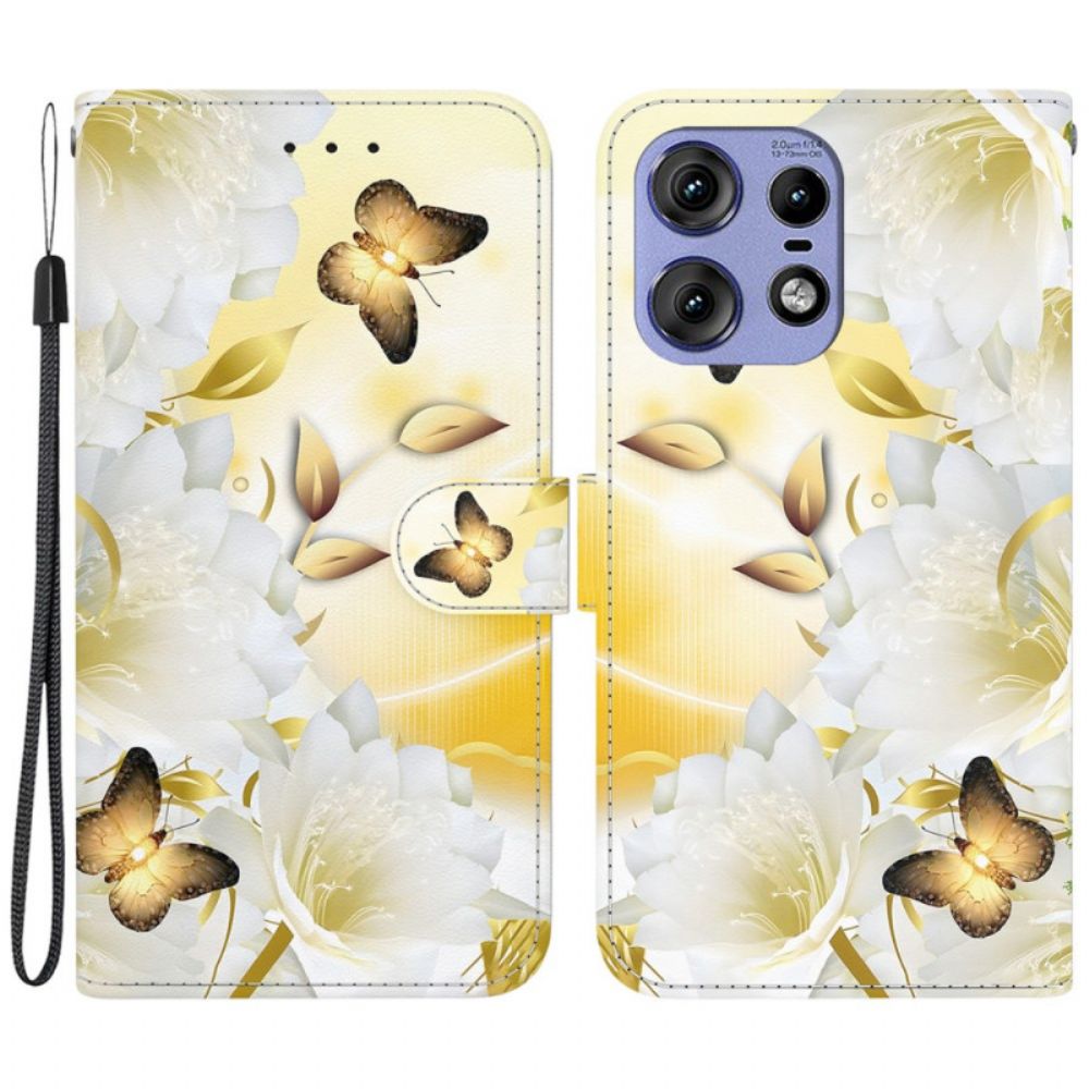 Bescherming Hoesje Motorola Edge 50 Pro Gouden Vlinders En Witte Bloemen Met Riem