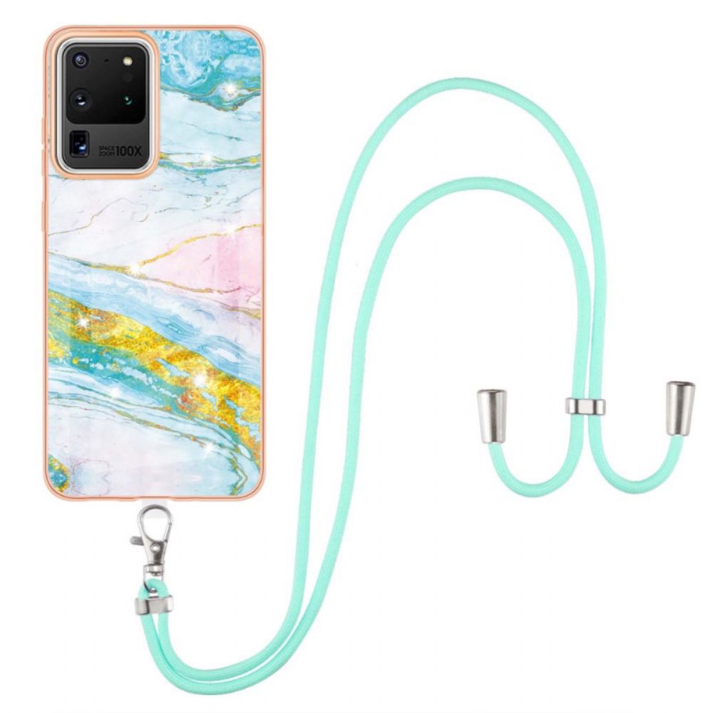 Hoesje voor Samsung Galaxy S20 Ultra Met Koord Naar Snoer Marmer Ontwerp
