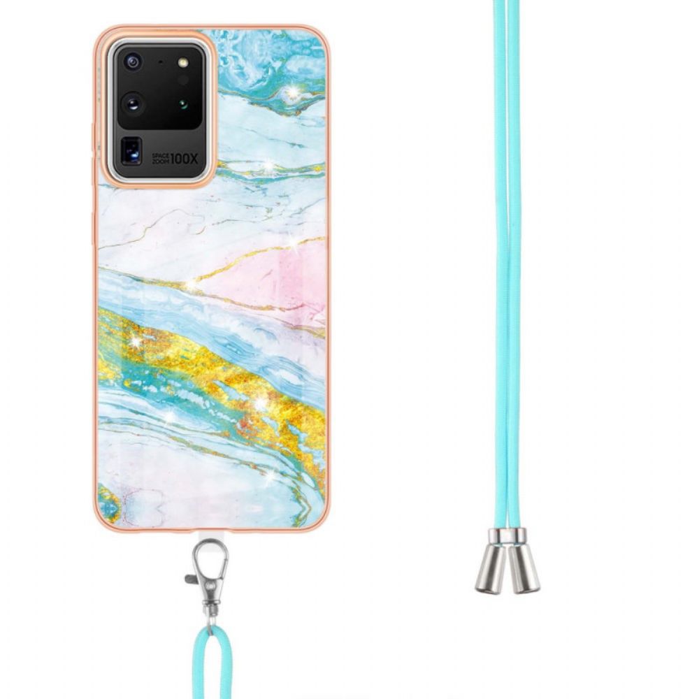 Hoesje voor Samsung Galaxy S20 Ultra Met Koord Naar Snoer Marmer Ontwerp