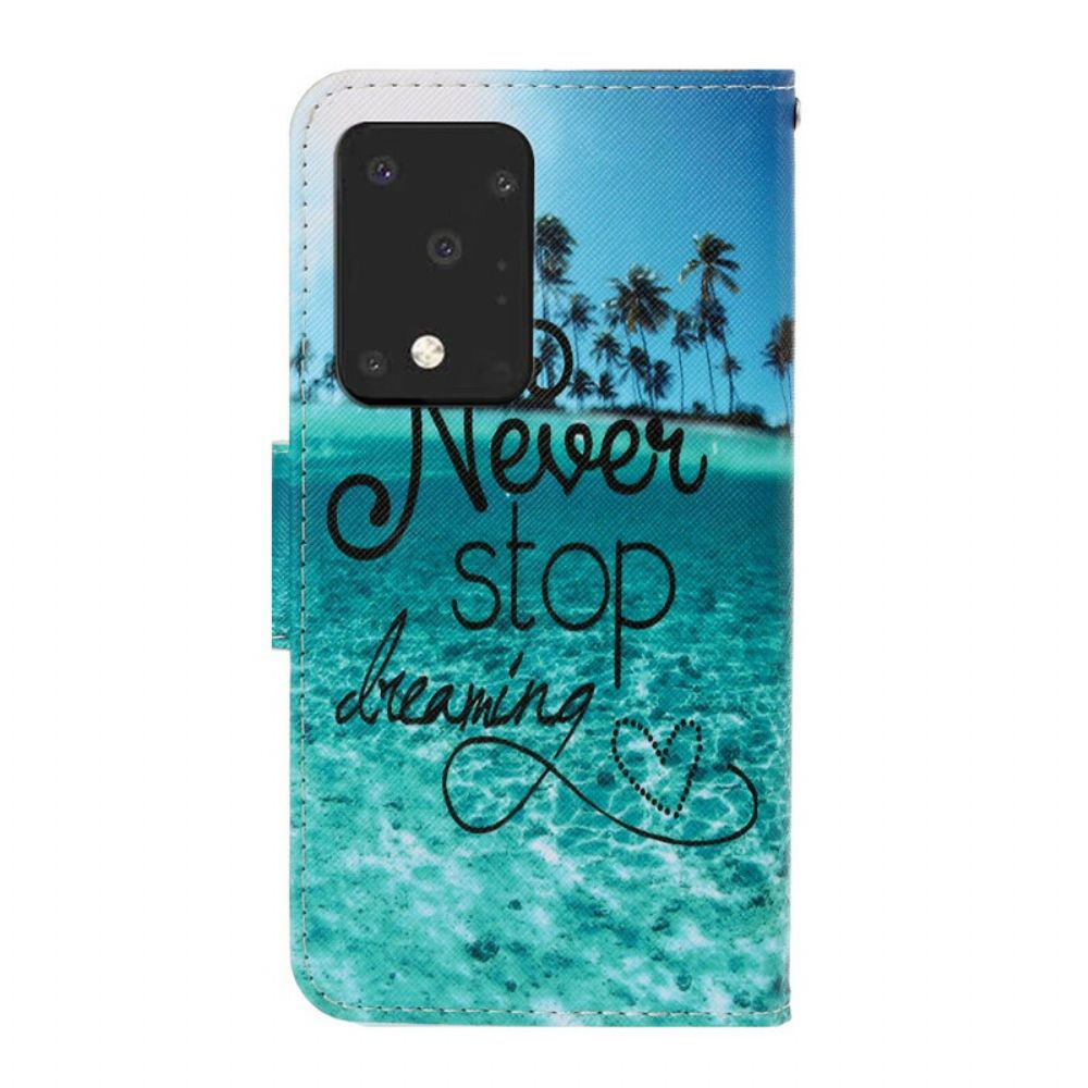 Leren Hoesje voor Samsung Galaxy S20 Ultra Met Ketting Stop Nooit Met Dromen Marineblauwe Strappy