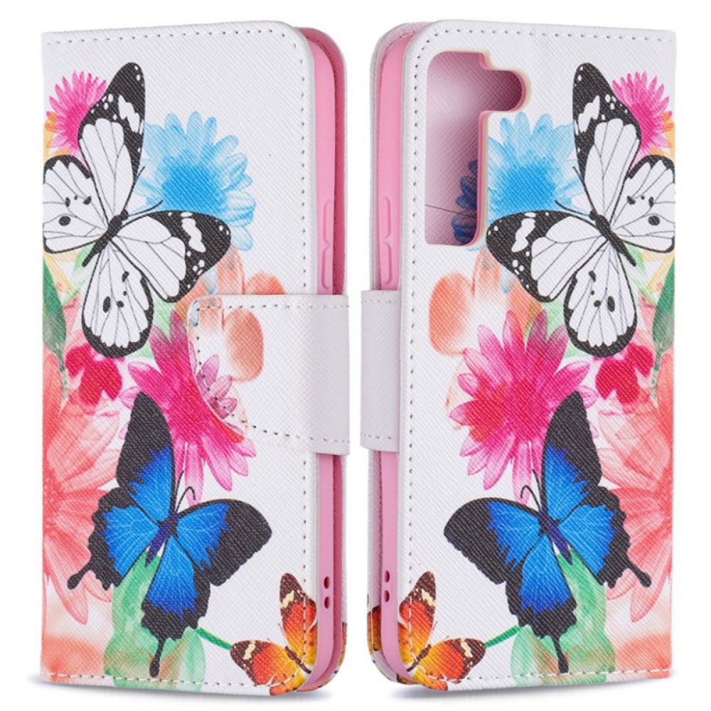 Flip Case voor Samsung Galaxy S22 5G Geschilderde Vlinders En Bloemen