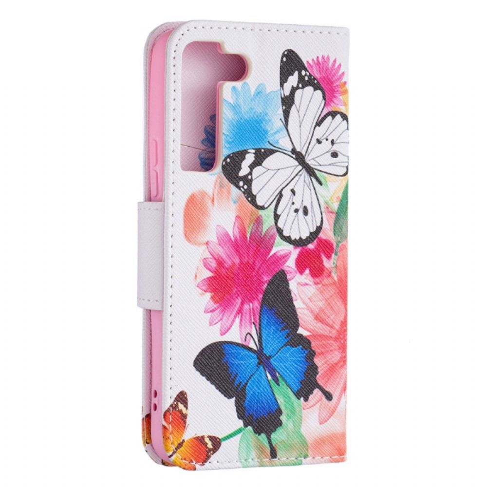 Flip Case voor Samsung Galaxy S22 5G Geschilderde Vlinders En Bloemen
