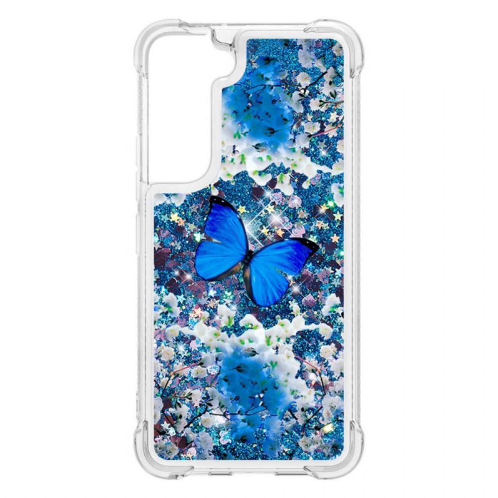 Hoesje voor Samsung Galaxy S22 5G Blauwe Glittervlinders