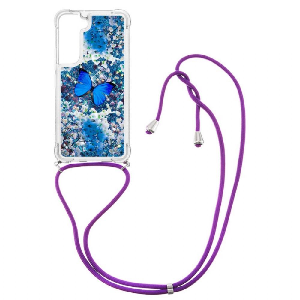 Hoesje voor Samsung Galaxy S22 5G Met Koord Vlinder Pailletten Trekkoord