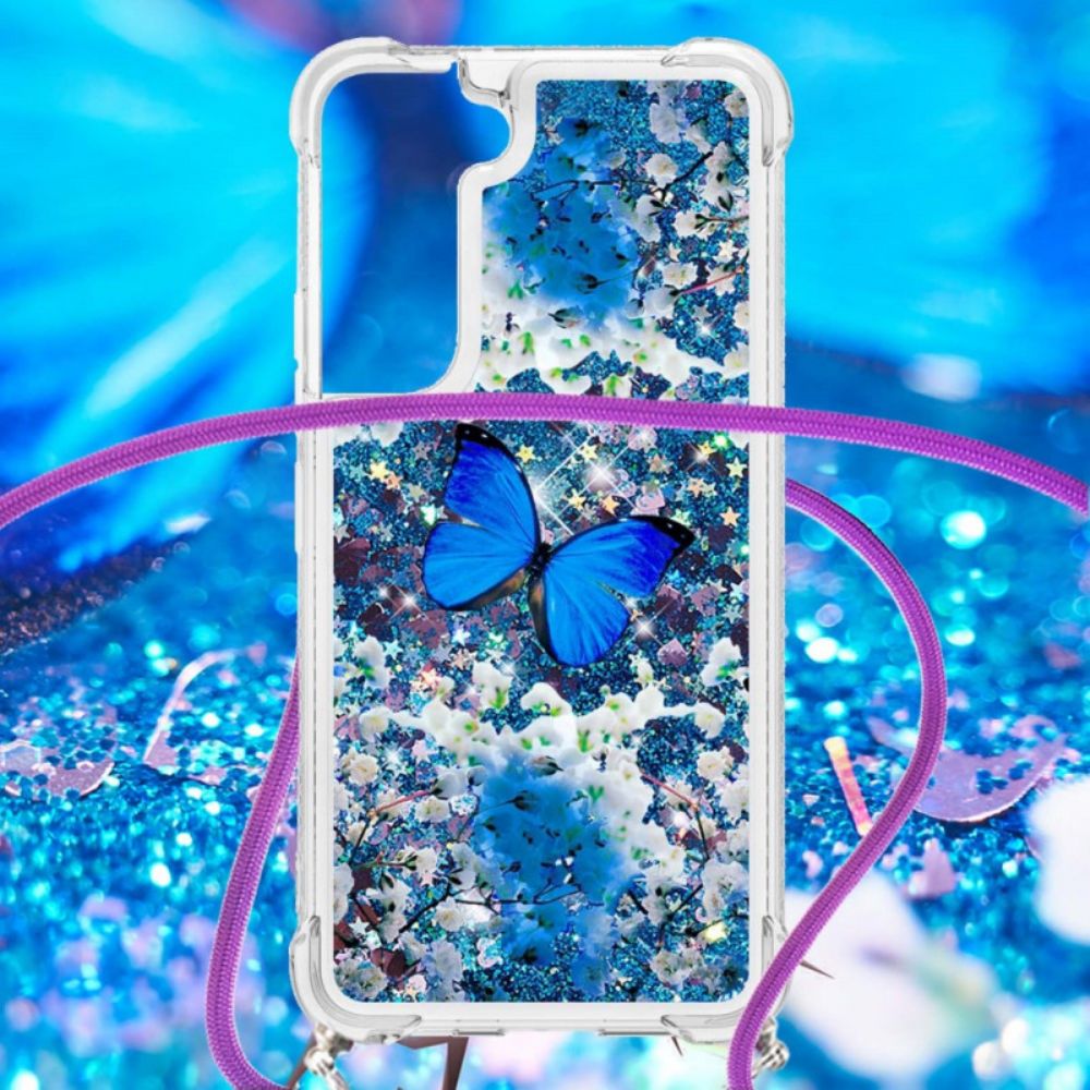 Hoesje voor Samsung Galaxy S22 5G Met Koord Vlinder Pailletten Trekkoord