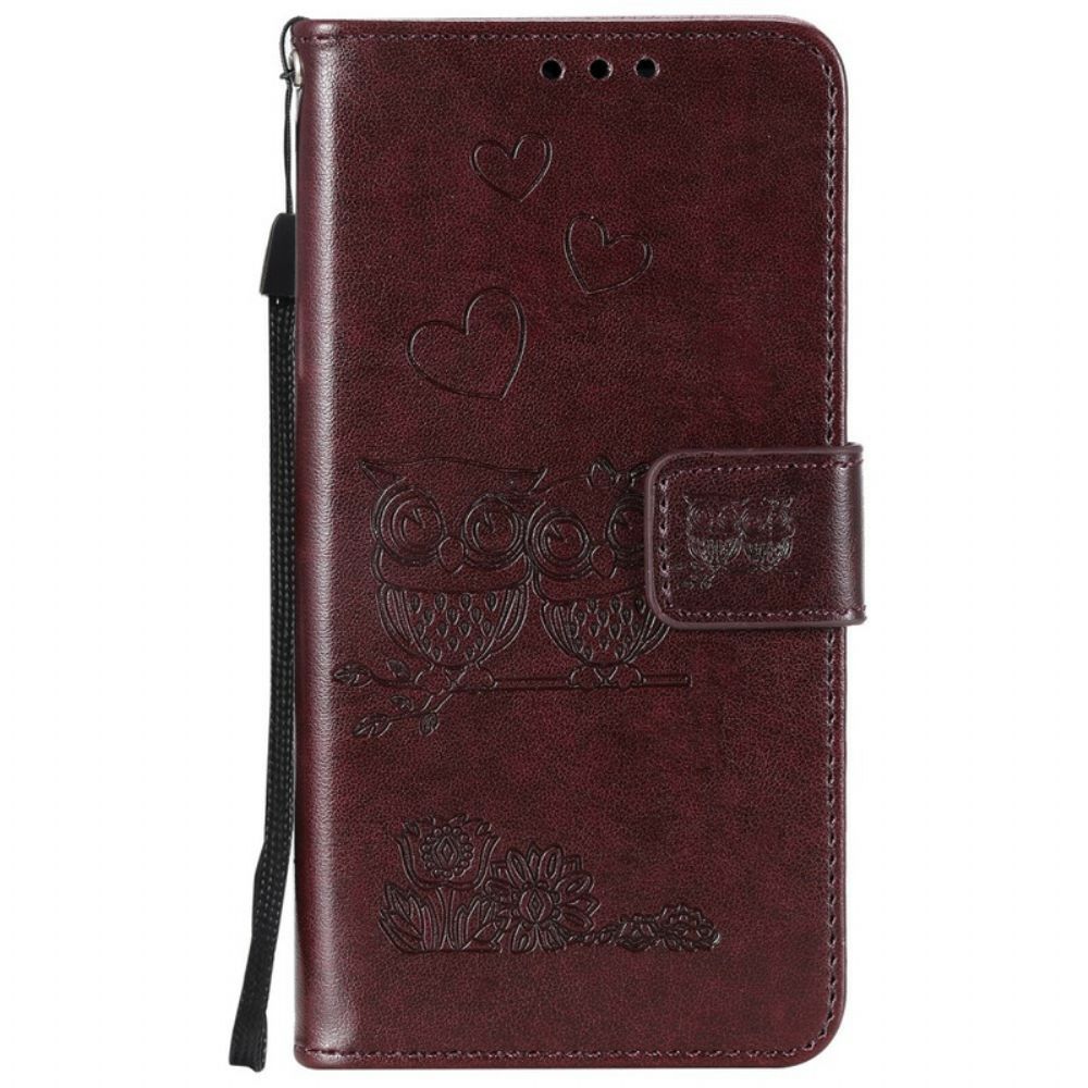 Flip Case voor Samsung Galaxy A71 Met Ketting Amoureuze Uilen Met Bandjes