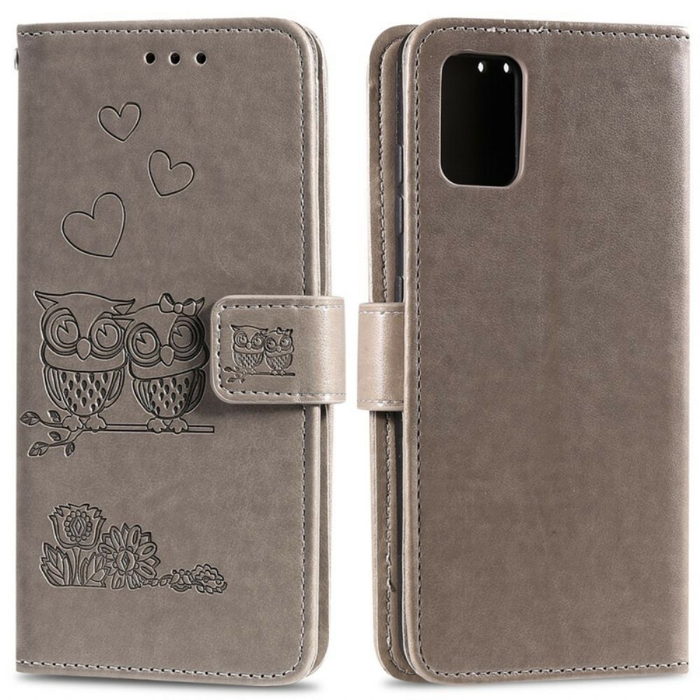 Flip Case voor Samsung Galaxy A71 Met Ketting Amoureuze Uilen Met Bandjes