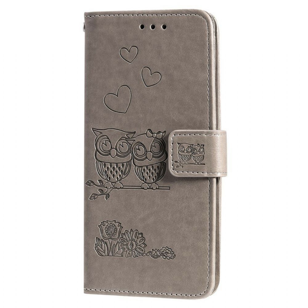 Flip Case voor Samsung Galaxy A71 Met Ketting Amoureuze Uilen Met Bandjes