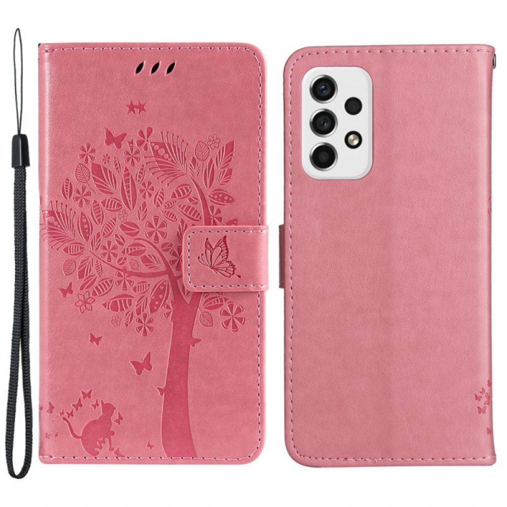 Folio-hoesje voor Samsung Galaxy A53 5G Met Ketting Boom En Kat Met Bandjes