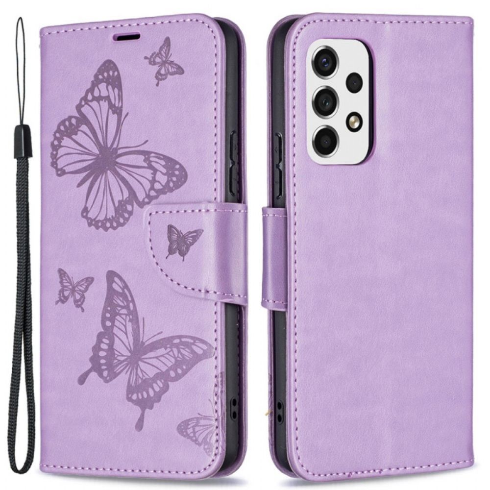 Leren Hoesje voor Samsung Galaxy A53 5G Met Ketting Thong Vlinders