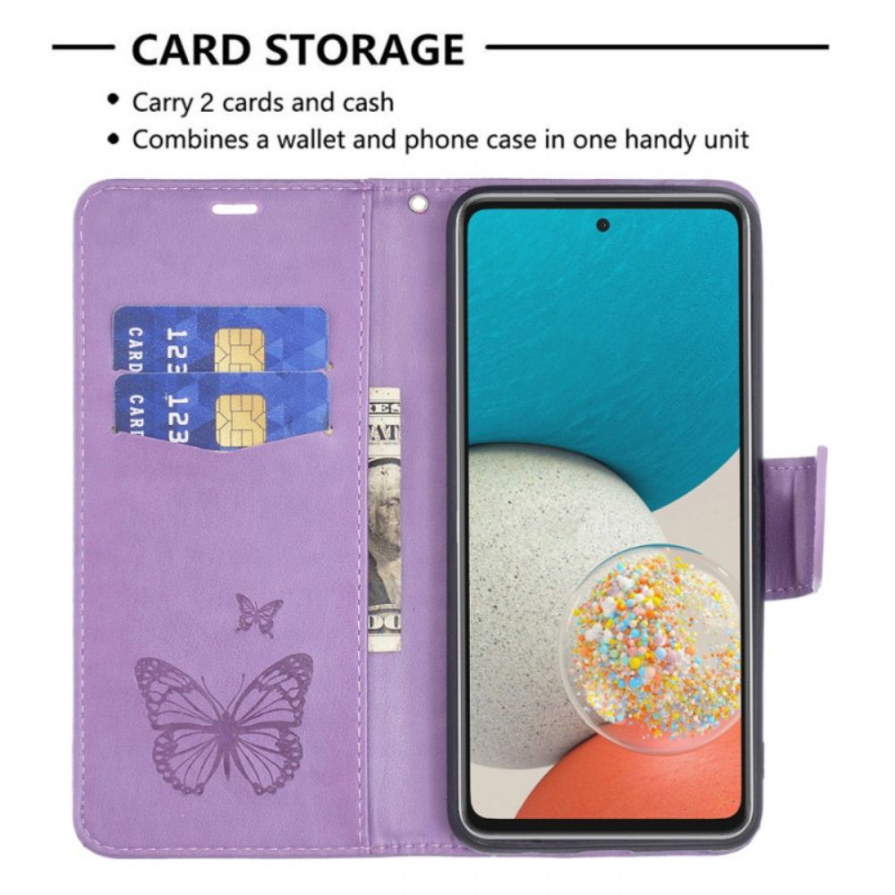 Leren Hoesje voor Samsung Galaxy A53 5G Met Ketting Thong Vlinders