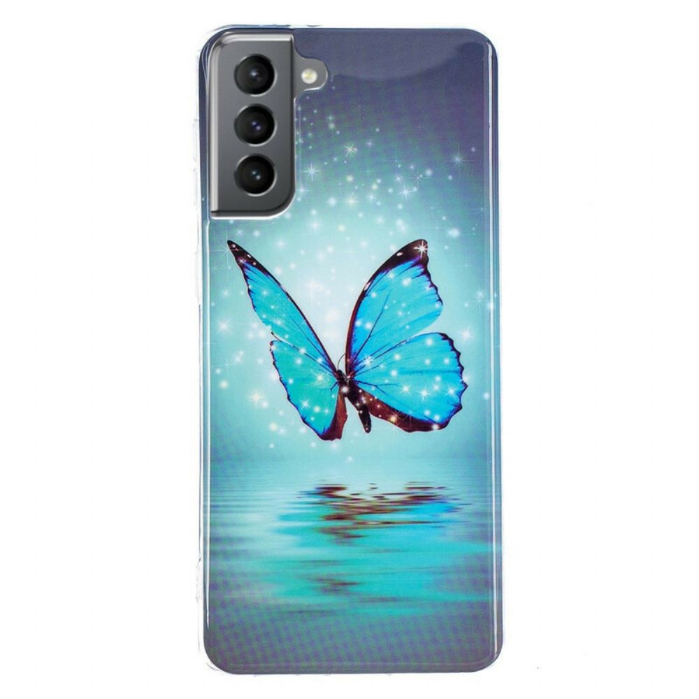 Hoesje voor Samsung Galaxy S21 FE Fluorescerende Blauwe Vlinder