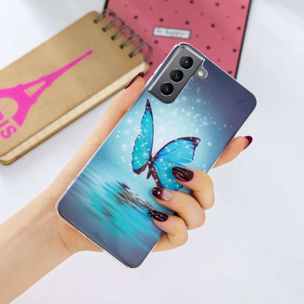 Hoesje voor Samsung Galaxy S21 FE Fluorescerende Blauwe Vlinder