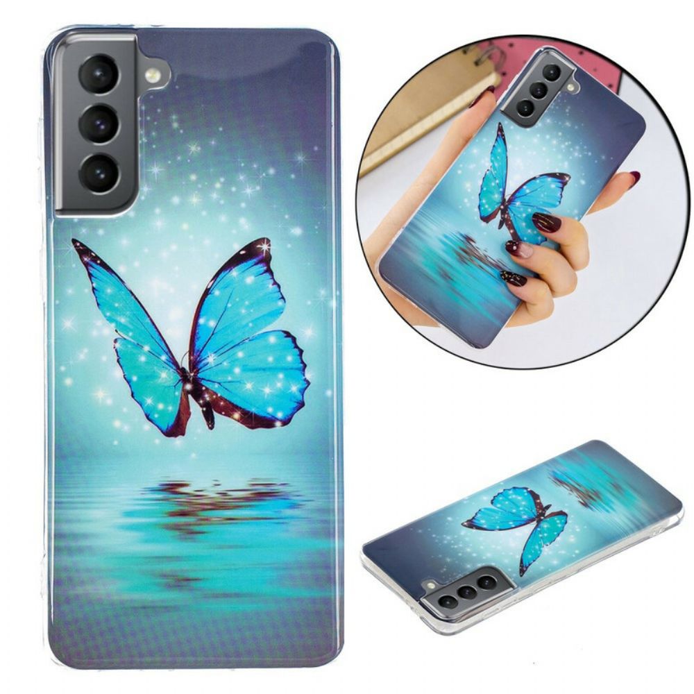 Hoesje voor Samsung Galaxy S21 FE Fluorescerende Blauwe Vlinder