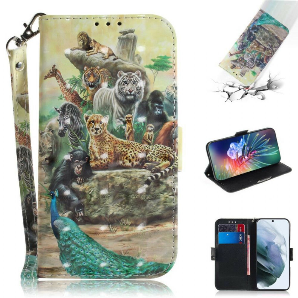 Leren Hoesje voor Samsung Galaxy S21 FE Met Ketting Thong Safari Dieren