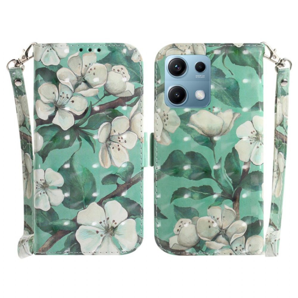 Folio-hoesje Xiaomi Redmi Note 14s Witte Bloemen Met Koord