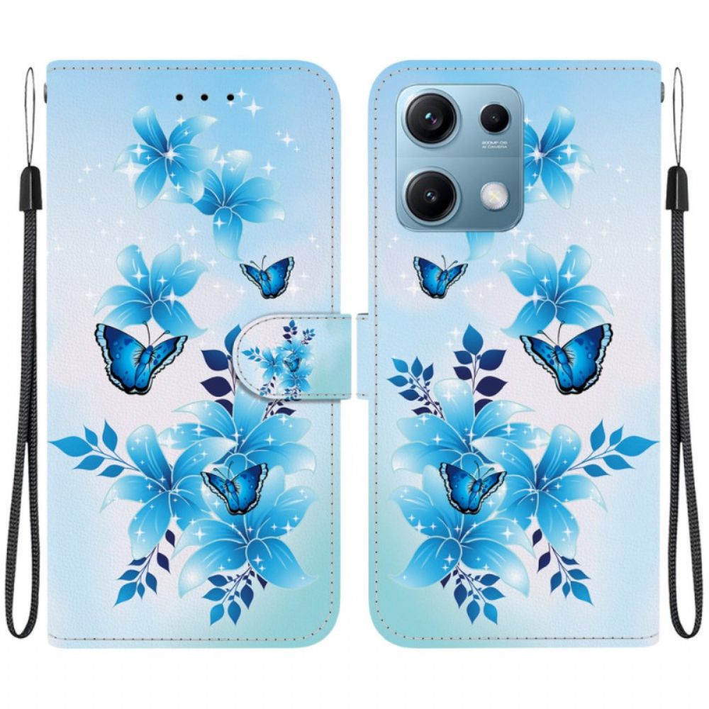 Leren Hoesje Xiaomi Redmi Note 14s Blauwe Vlinders En Kleine Bloemen Bescherming Hoesje