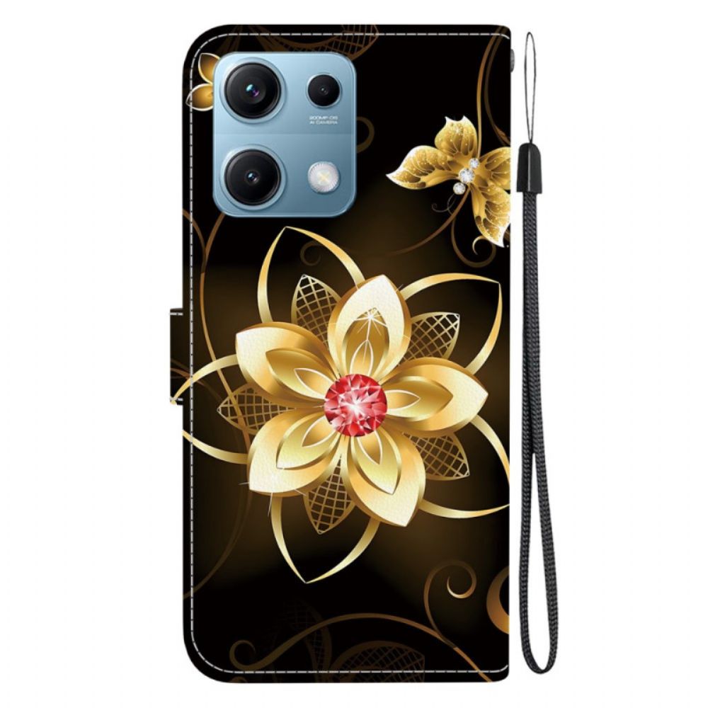 Leren Hoesje Xiaomi Redmi Note 14s Gouden Bloemenpatroon Bescherming Hoesje
