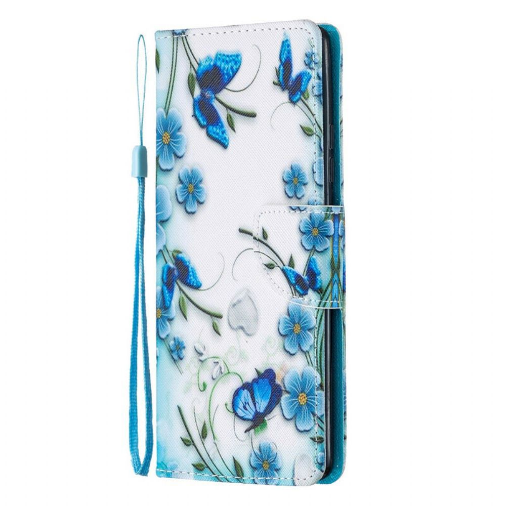 Folio-hoesje voor Samsung Galaxy A51 5G Met Ketting Blauwe Vlinders En Bloemen Met Riem