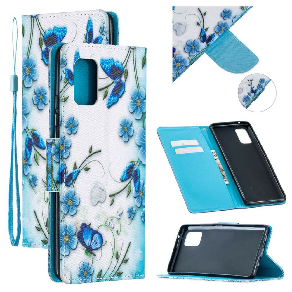 Folio-hoesje voor Samsung Galaxy A51 5G Met Ketting Blauwe Vlinders En Bloemen Met Riem