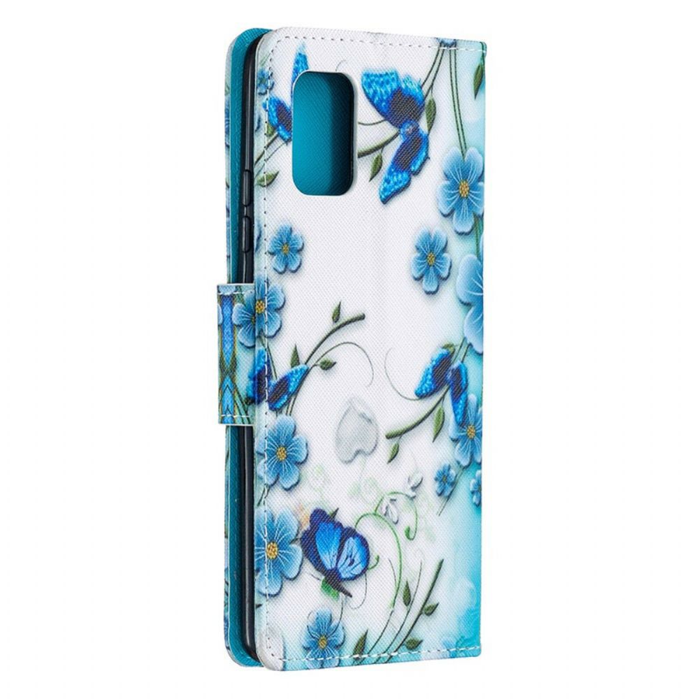 Folio-hoesje voor Samsung Galaxy A51 5G Met Ketting Blauwe Vlinders En Bloemen Met Riem